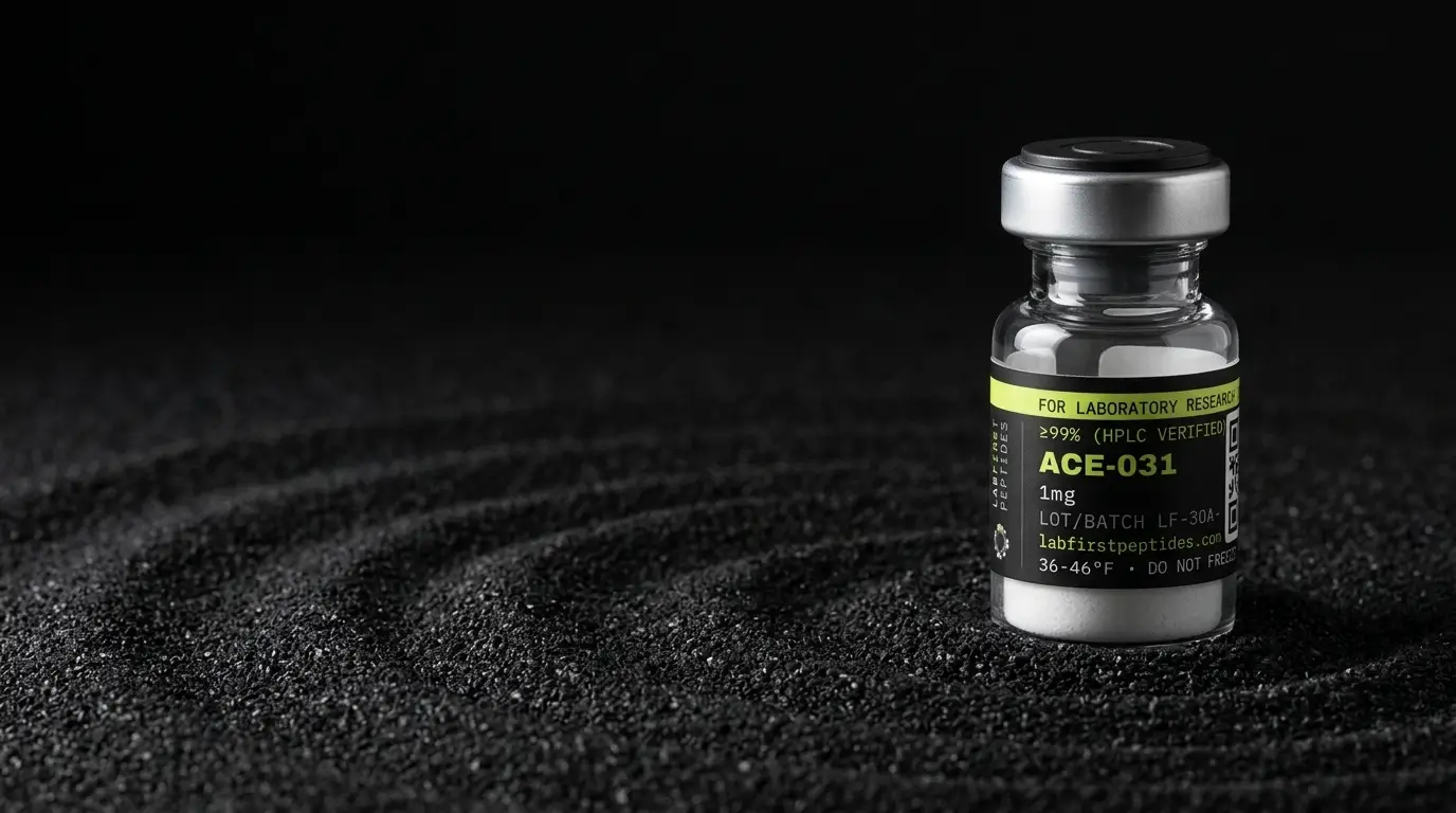 ACE-031 research peptide vial with its LabFirst lot label