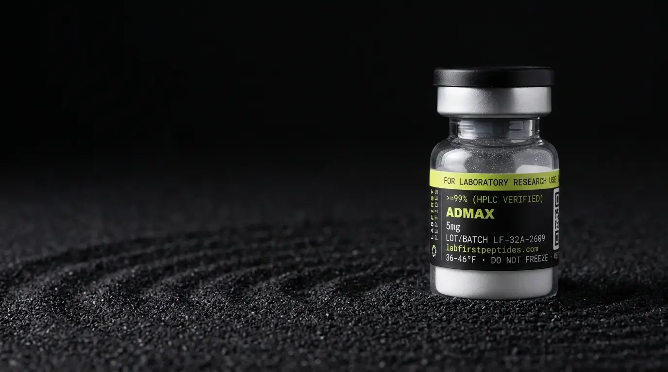 ADMAX research peptide vial with its LabFirst lot label