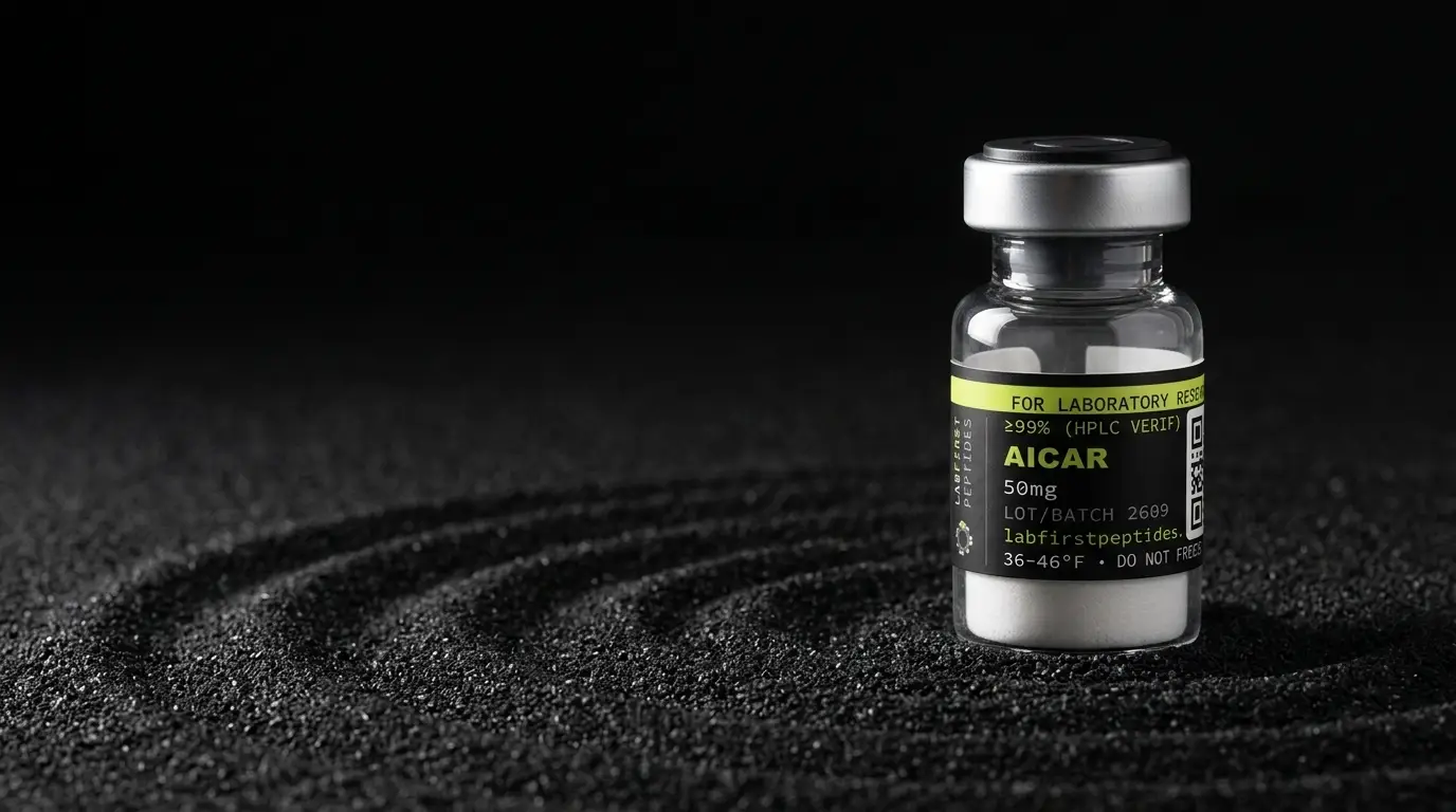 AICAR research peptide vial with its LabFirst lot label