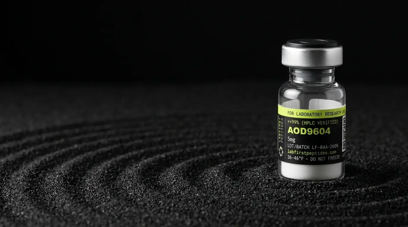 AOD9604 research vial with its LabFirst lot label