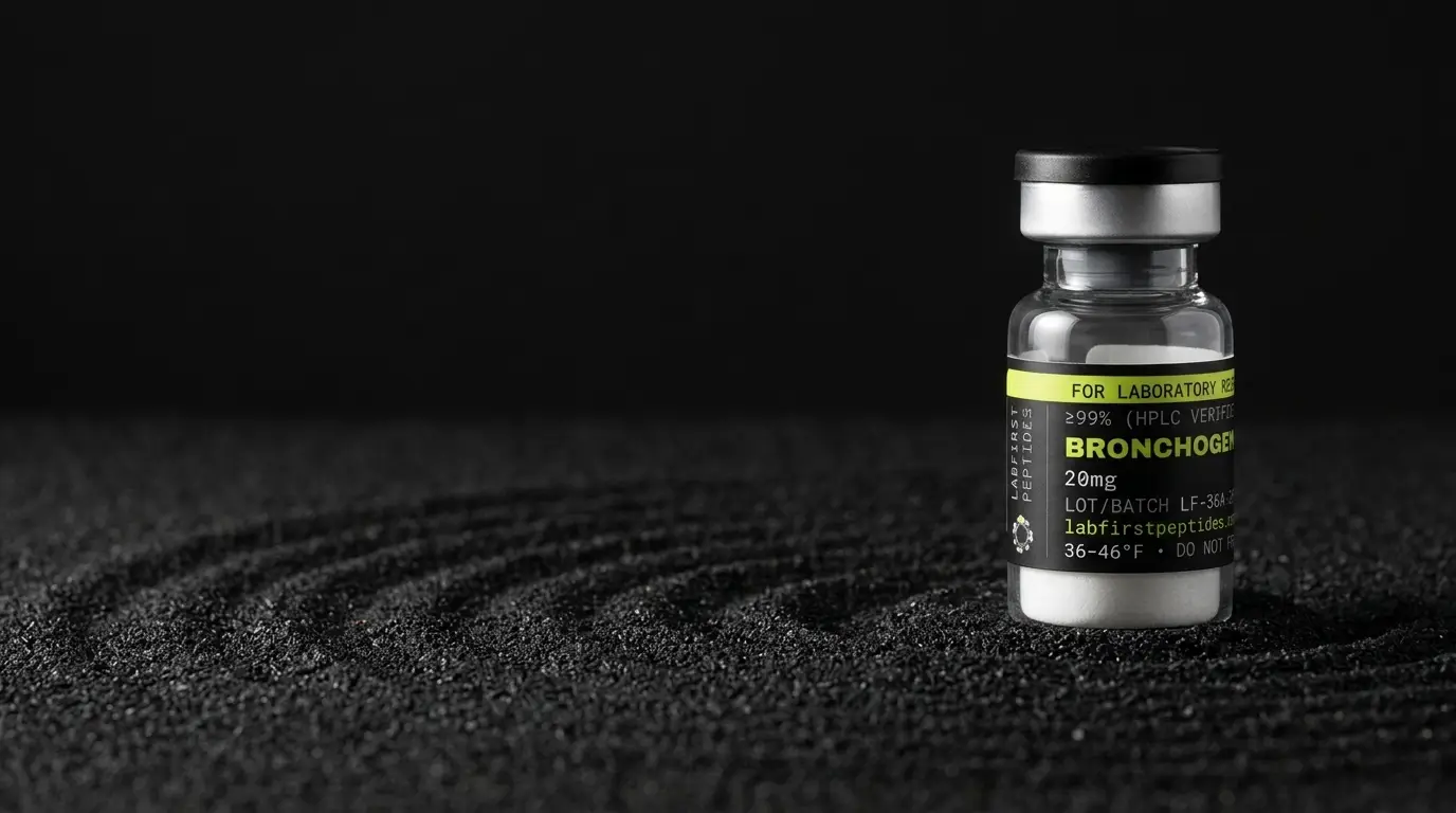 Bronchogen research peptide vial with its LabFirst lot label