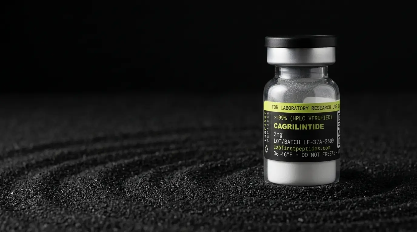 Cagrilintide research peptide vial with its LabFirst lot label