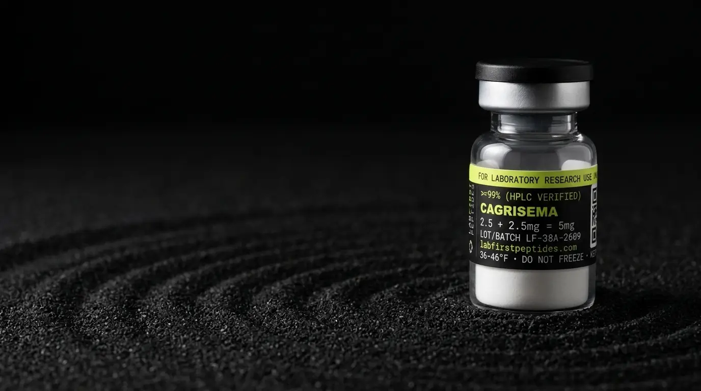 CagriSema research peptide vial with its LabFirst lot label