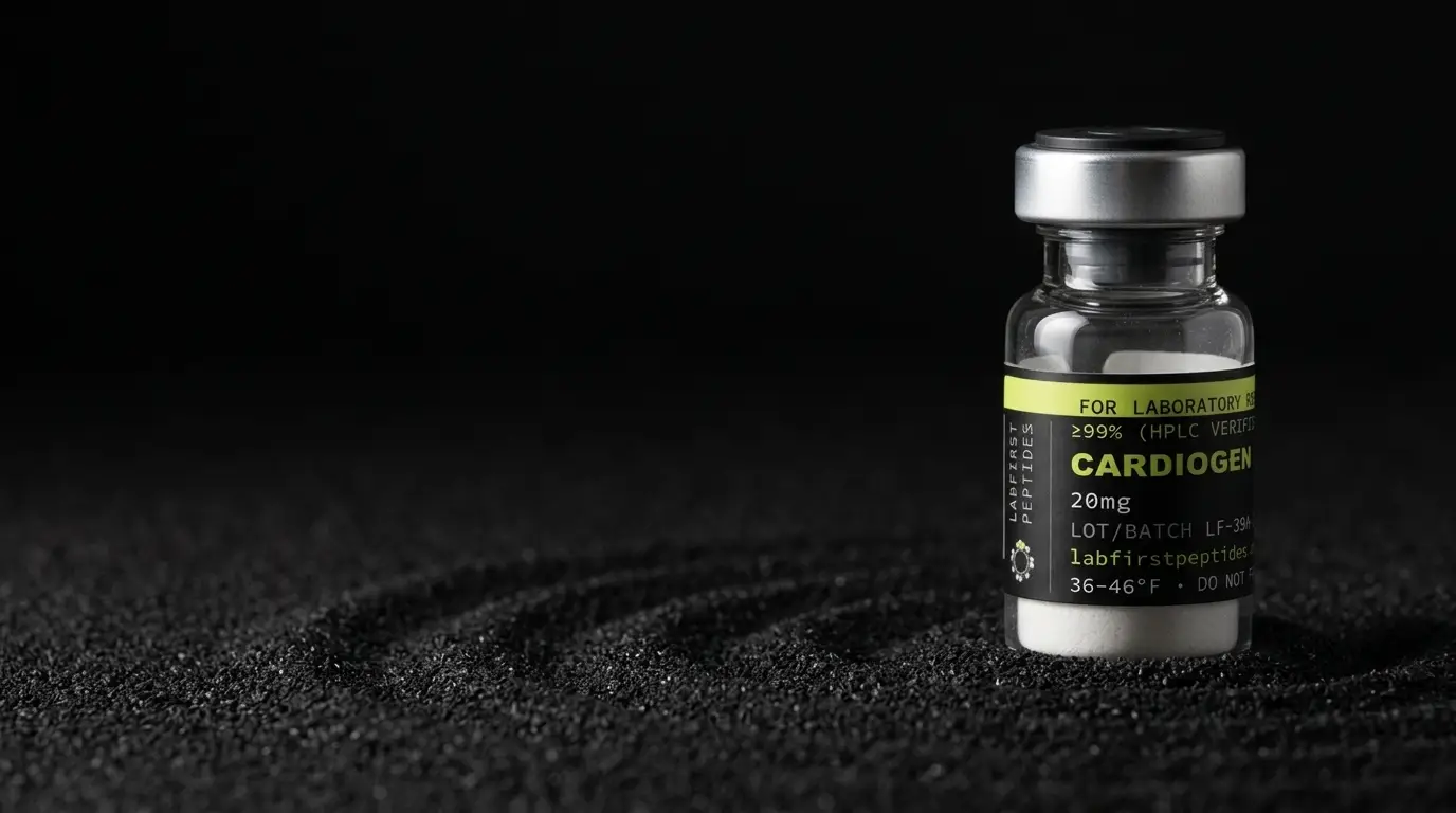 Cardiogen research peptide vial with its LabFirst lot label