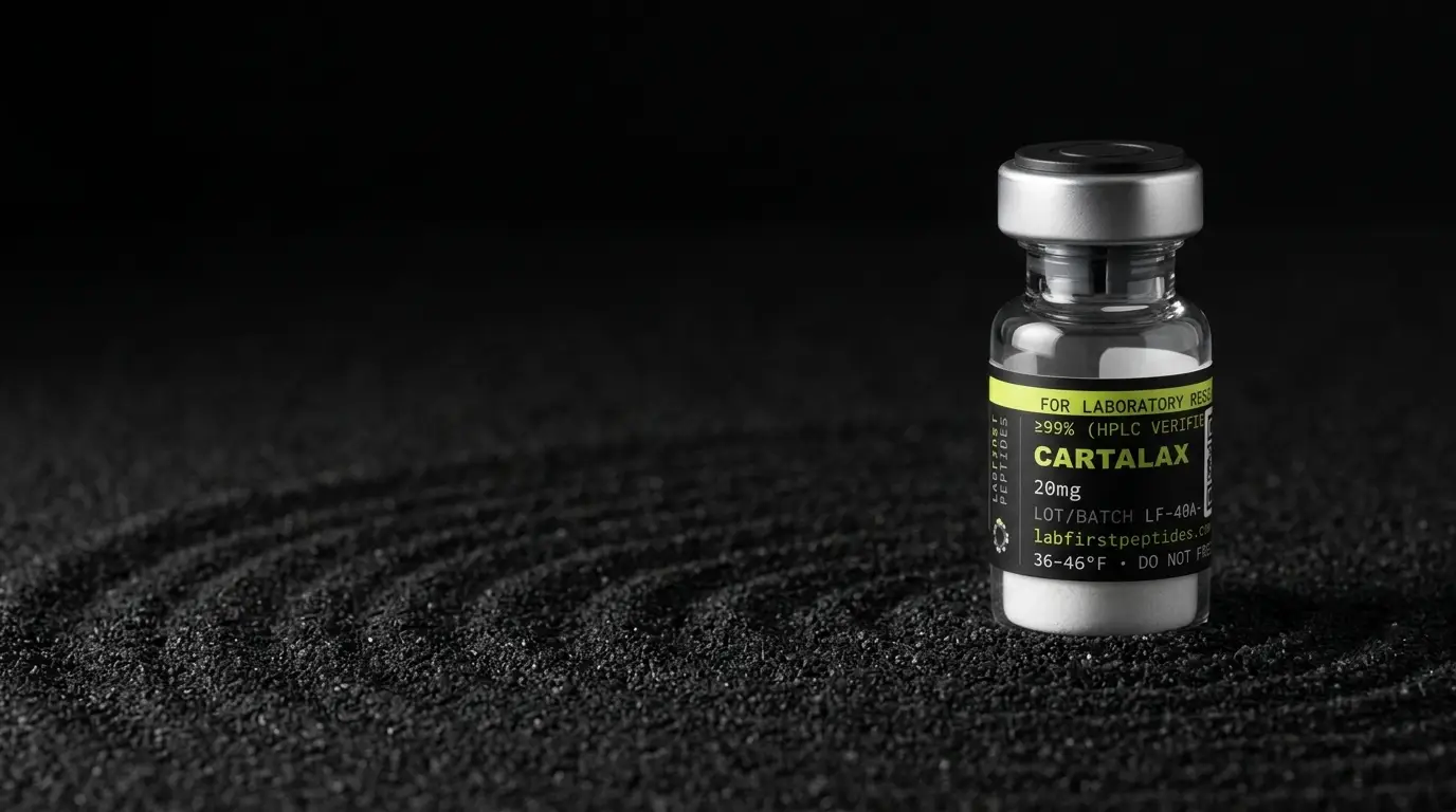 Cartalax research peptide vial with its LabFirst lot label