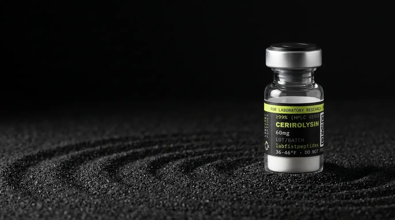 Cerebrolysin research peptide vial with its LabFirst lot label