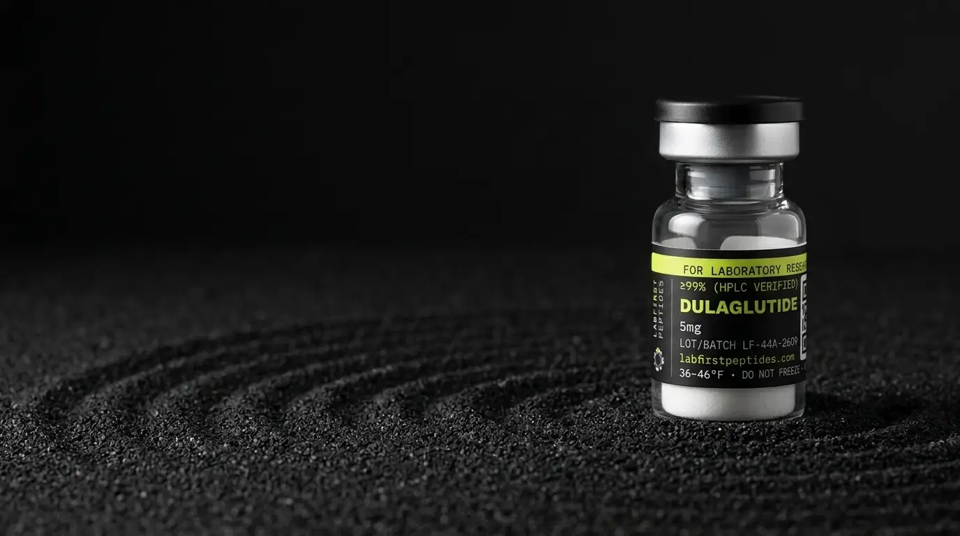 Dulaglutide research peptide vial with its LabFirst lot label