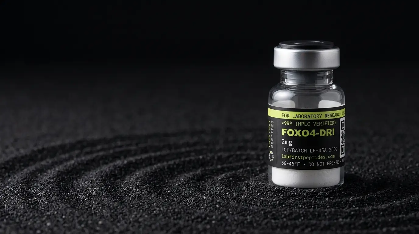 FOXO4-DRI research peptide vial with its LabFirst lot label