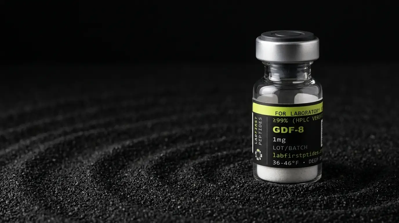 GDF-8 research peptide vial with its LabFirst lot label