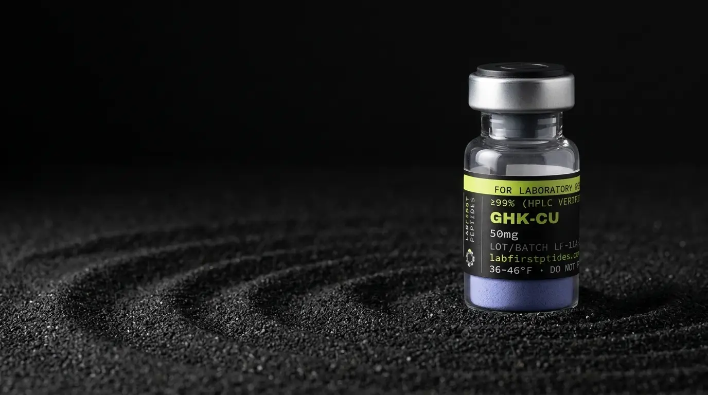 GHK-Cu research vial with its LabFirst lot label