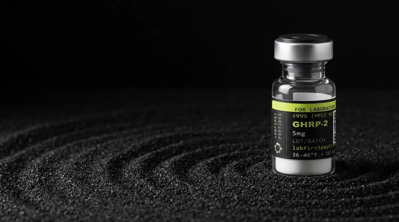 GHRP-2 research peptide vial with its LabFirst lot label