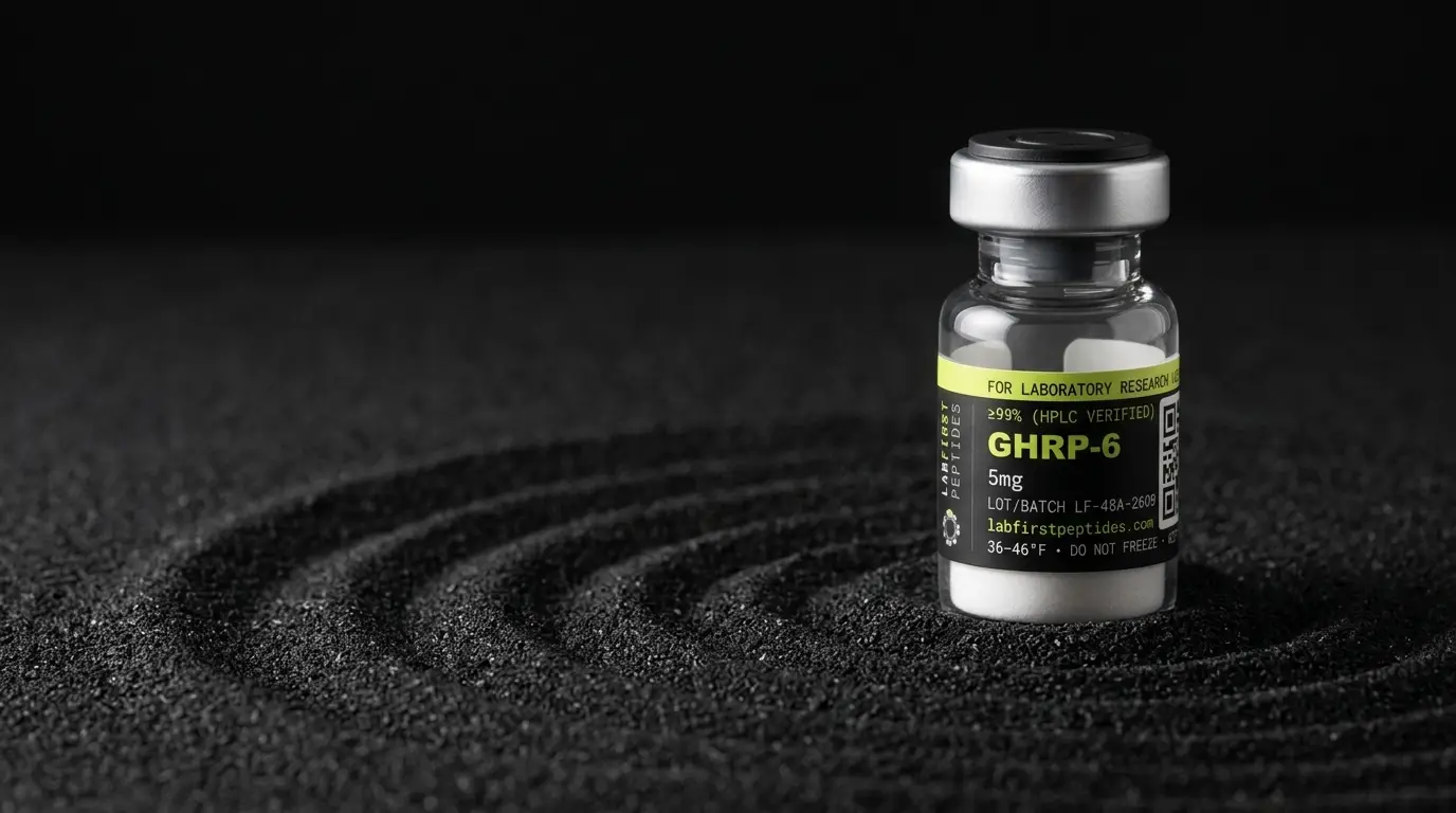 GHRP-6 research peptide vial with its LabFirst lot label