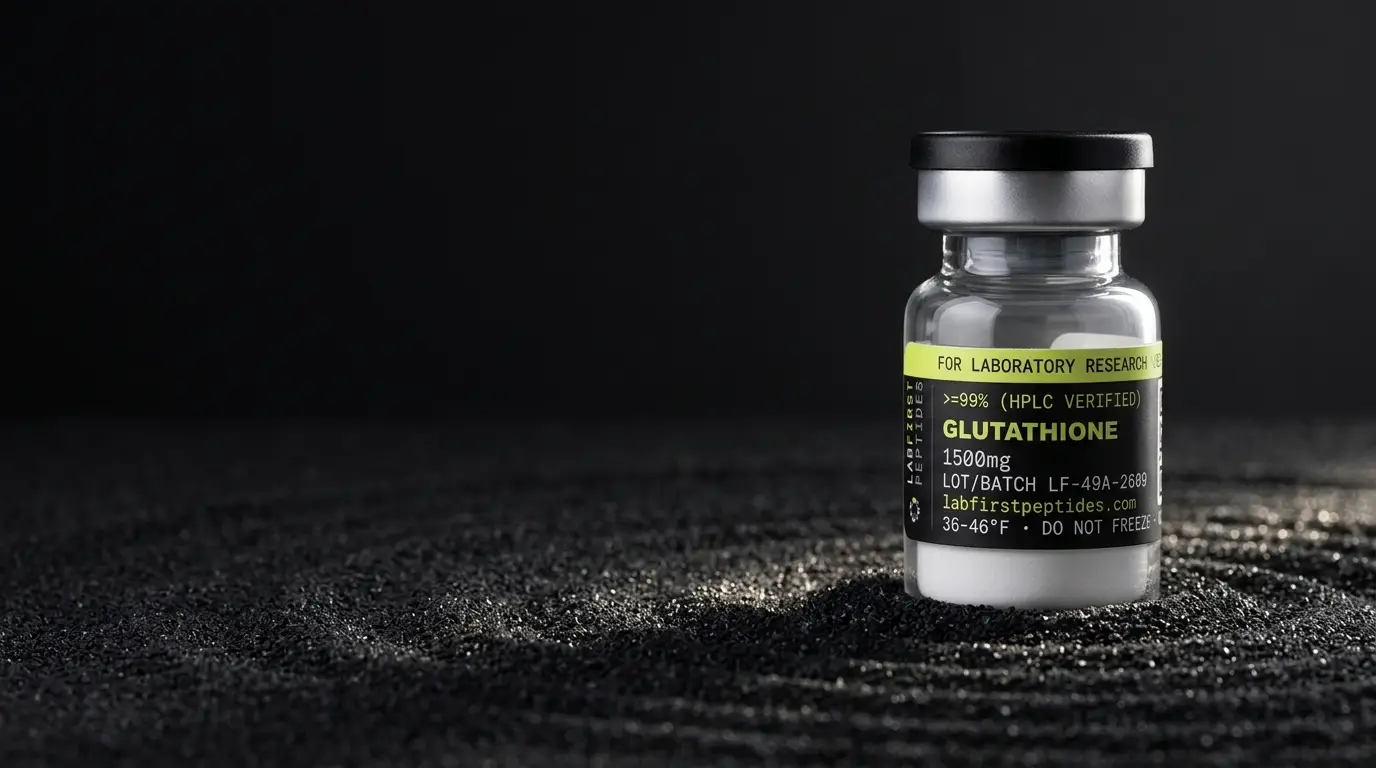 Glutathione research peptide vial with its LabFirst lot label