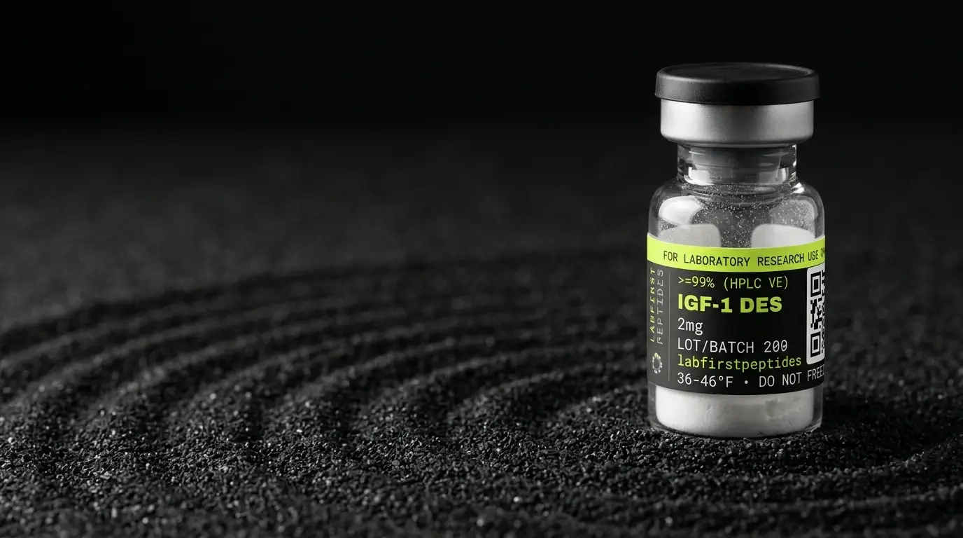 IGF-1 DES research peptide vial with its LabFirst lot label
