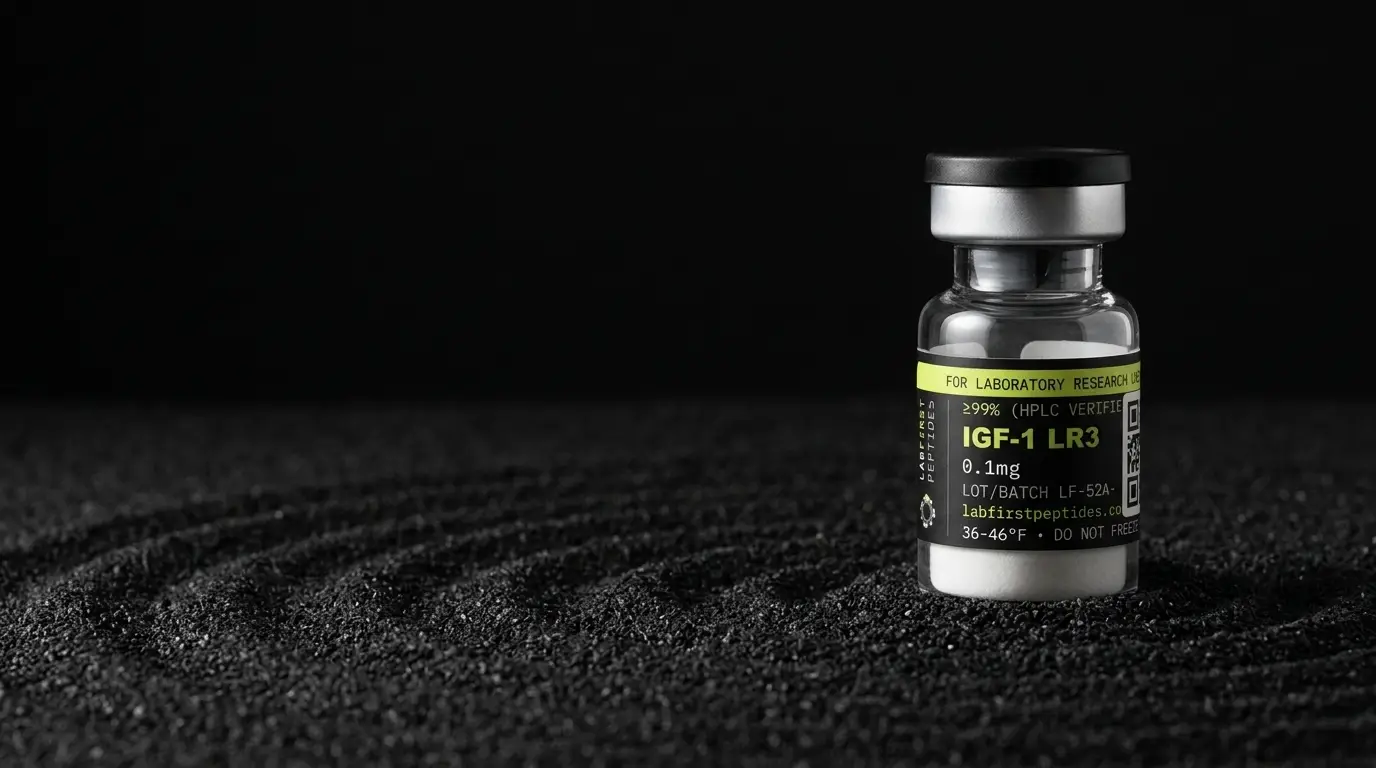 IGF-1 LR3 research peptide vial with its LabFirst lot label