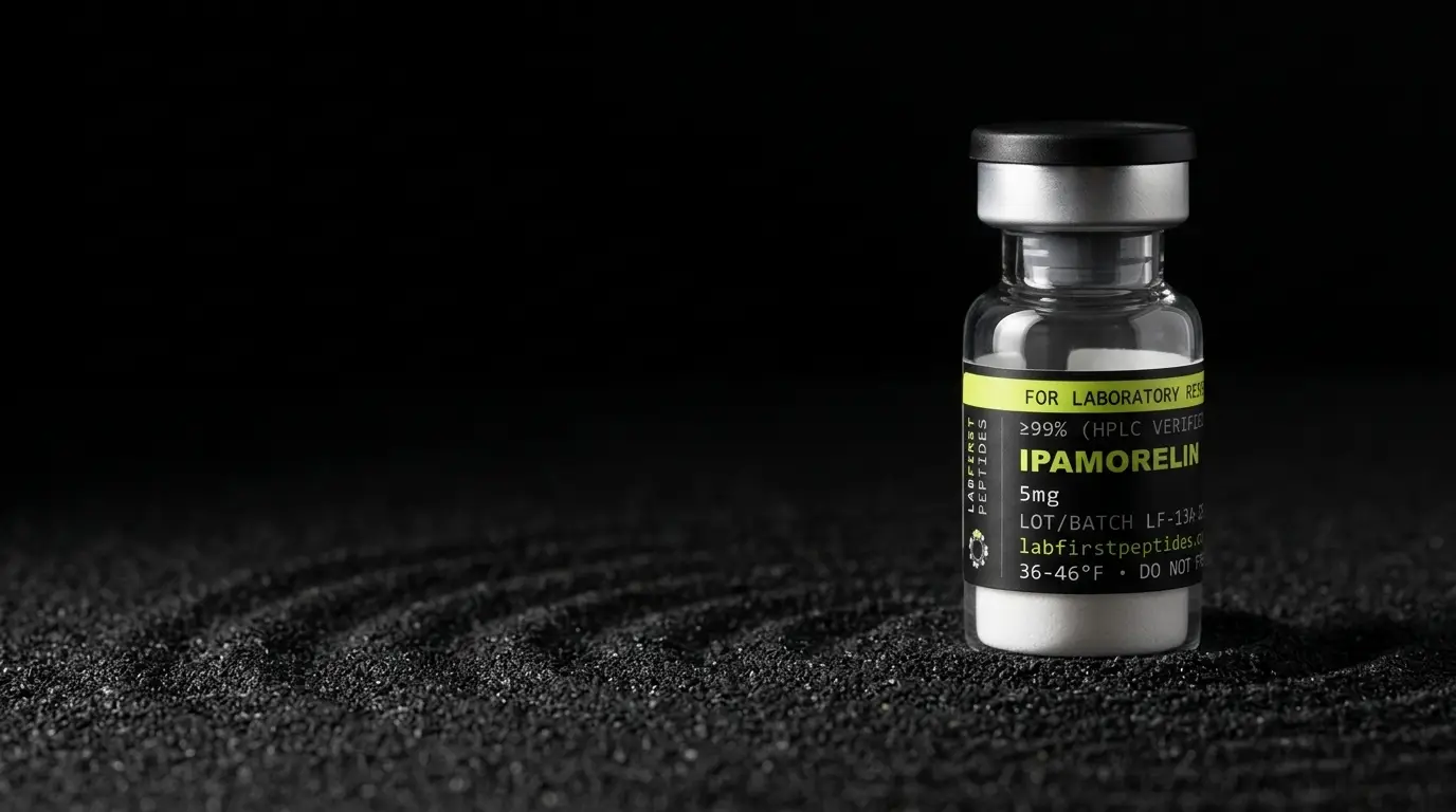 Ipamorelin research vial with its LabFirst lot label