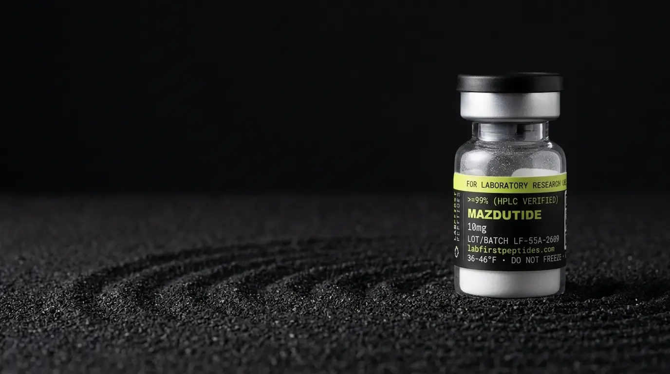 Mazdutide research peptide vial with its LabFirst lot label