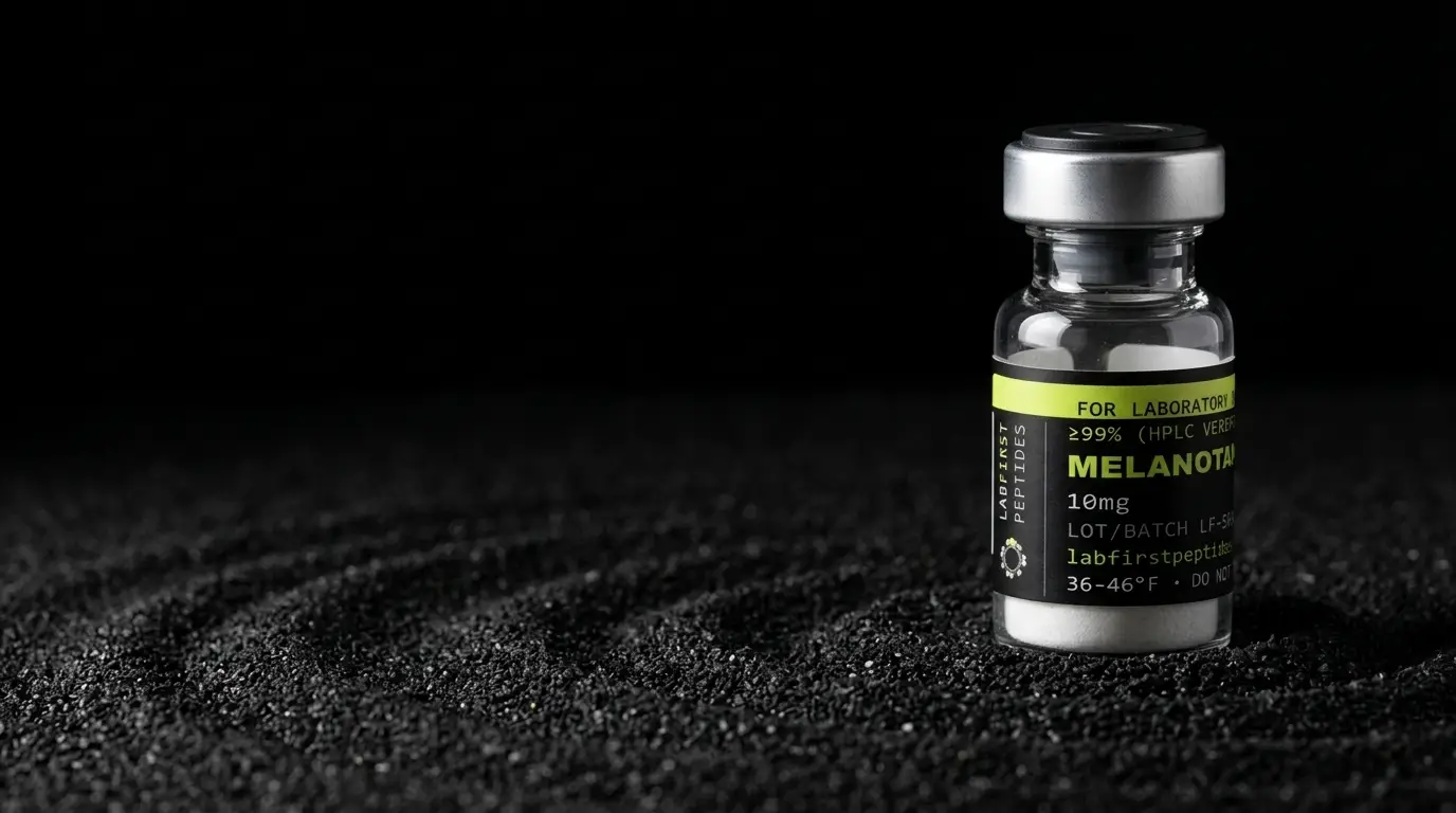 Melanotan I research peptide vial with its LabFirst lot label