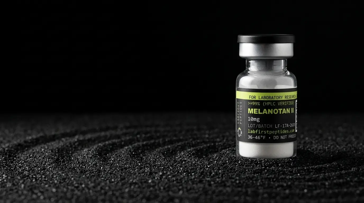 Melanotan II research vial with its LabFirst lot label