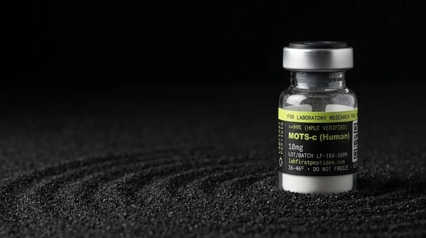 MOTS-c (Human) research peptide vial with its LabFirst lot label