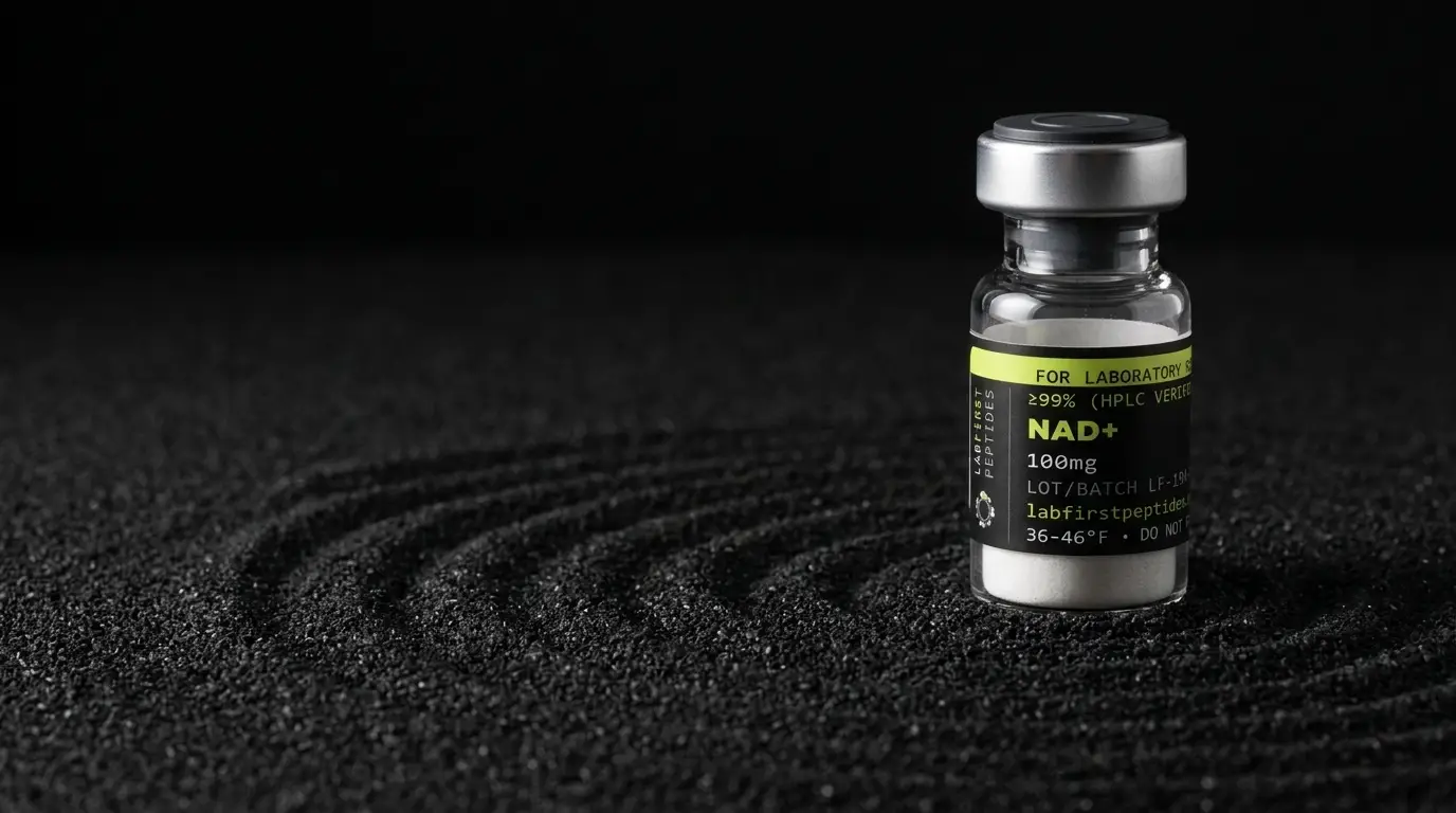 NAD+ research vial with its LabFirst lot label