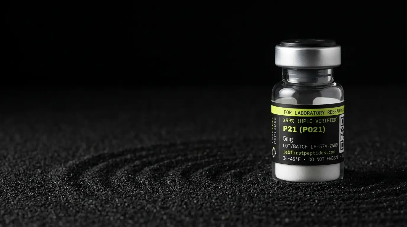 P21 (P021) research peptide vial with its LabFirst lot label