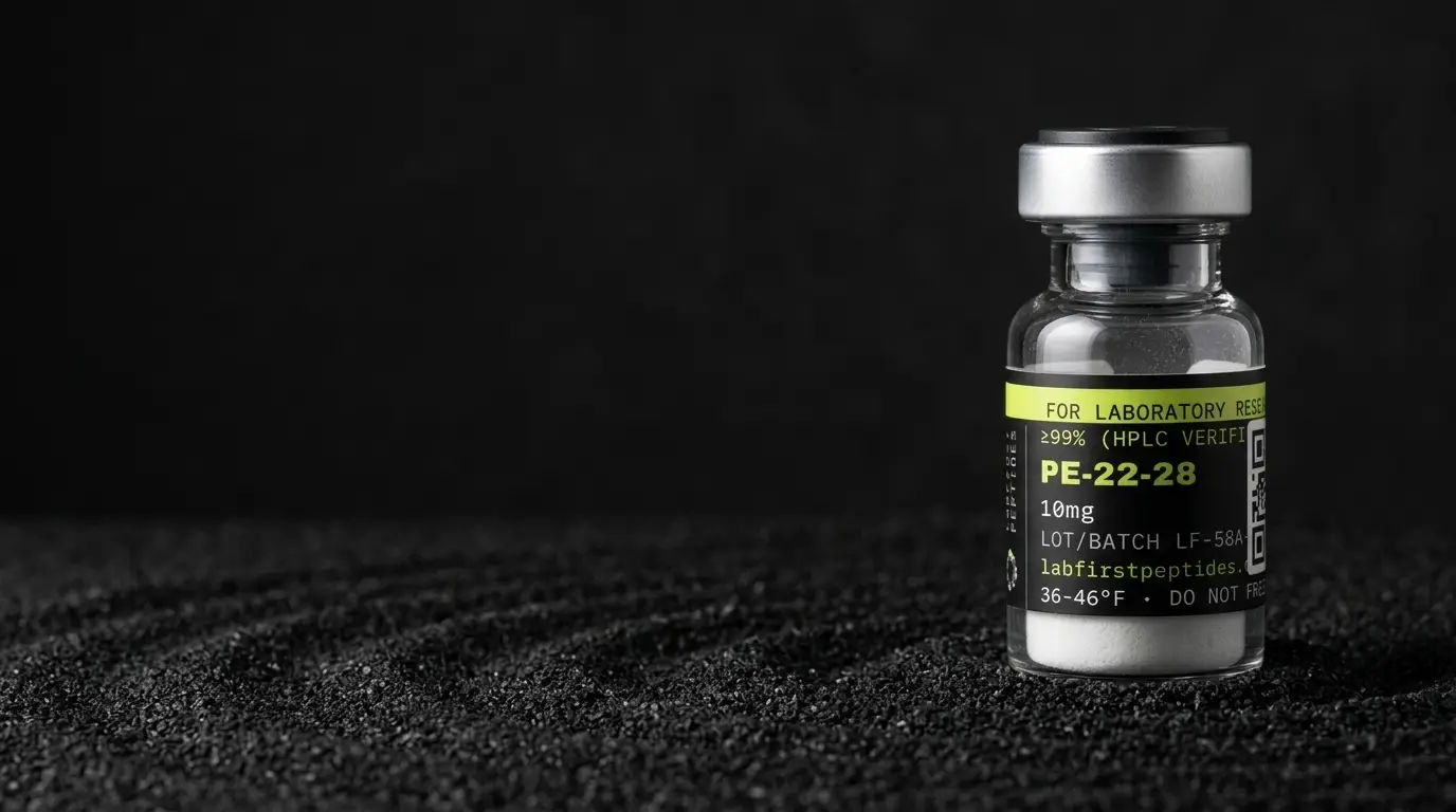 PE-22-28 research peptide vial with its LabFirst lot label
