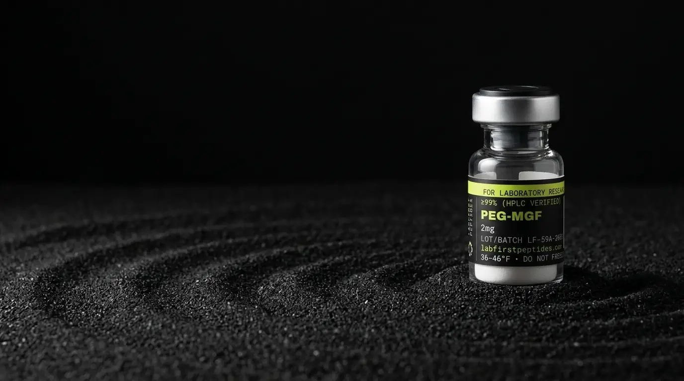PEG-MGF research peptide vial with its LabFirst lot label