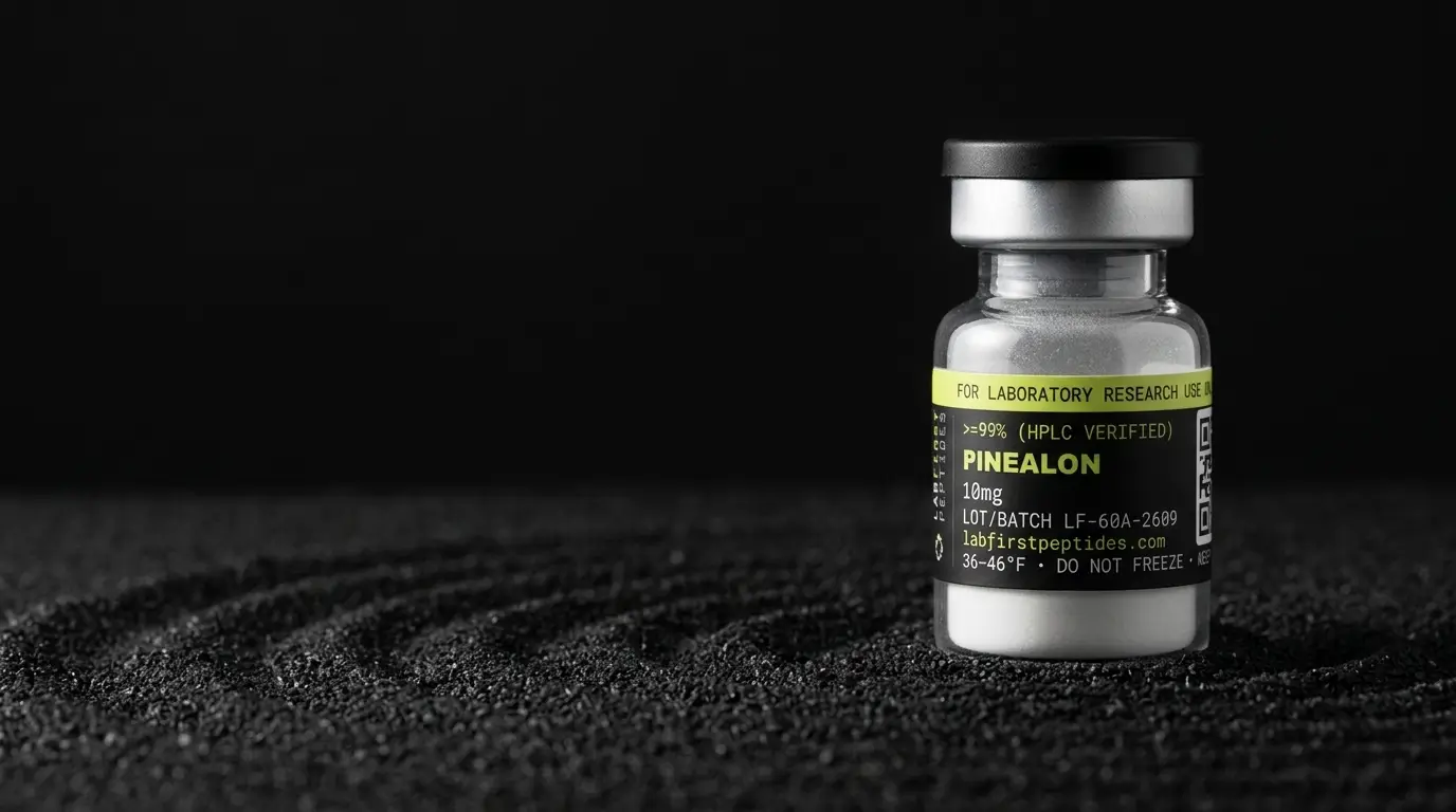 Pinealon research peptide vial with its LabFirst lot label