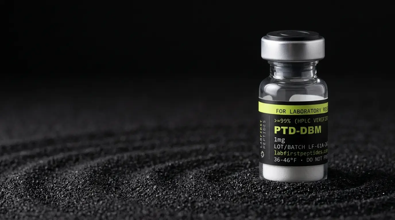 PTD-DBM research peptide vial with its LabFirst lot label