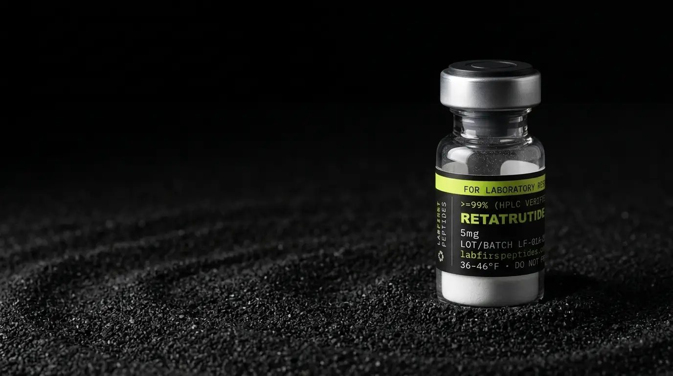 Retatrutide research vial with its LabFirst lot label