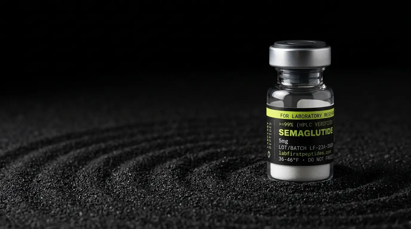 Semaglutide research vial with its LabFirst lot label