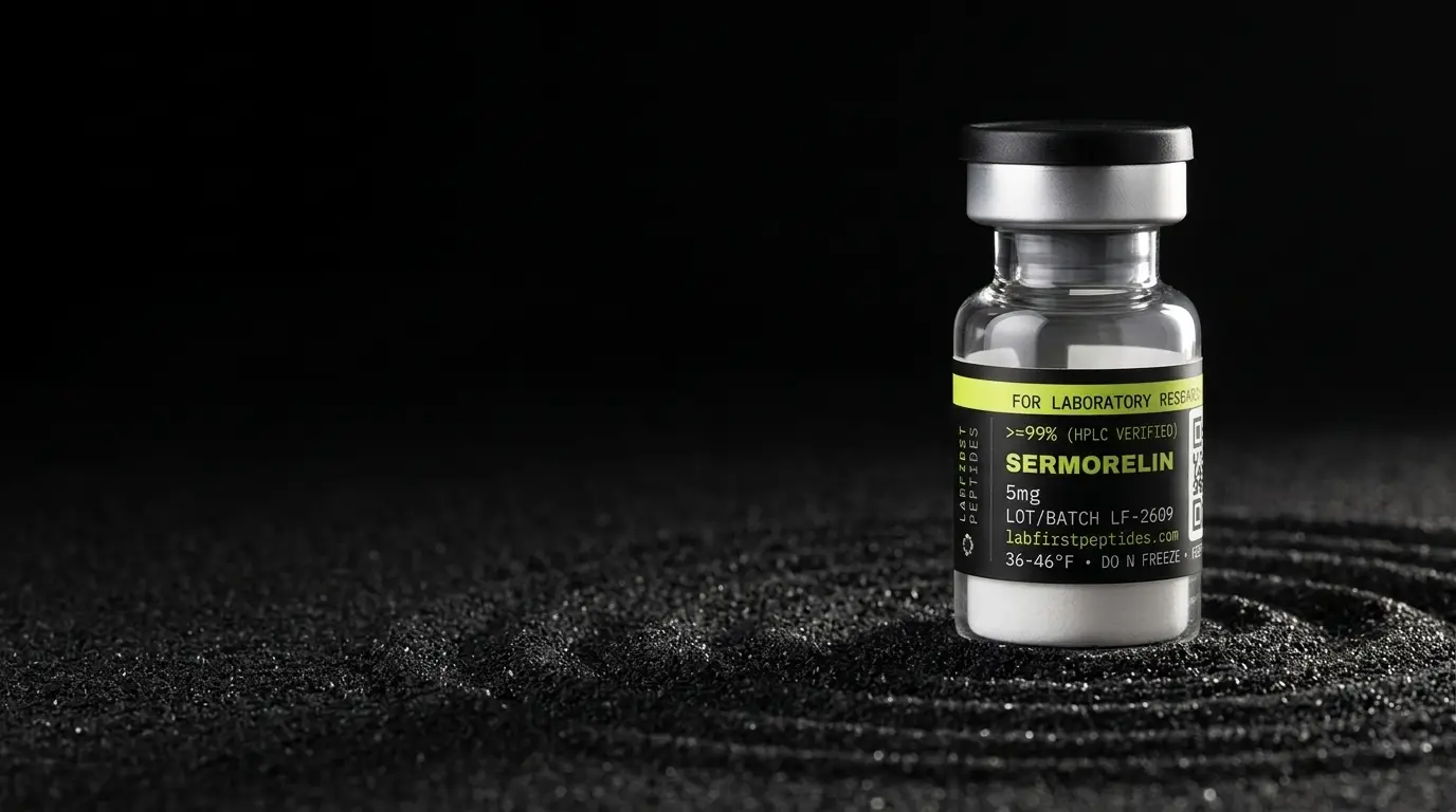 Sermorelin Acetate research vial with its LabFirst lot label