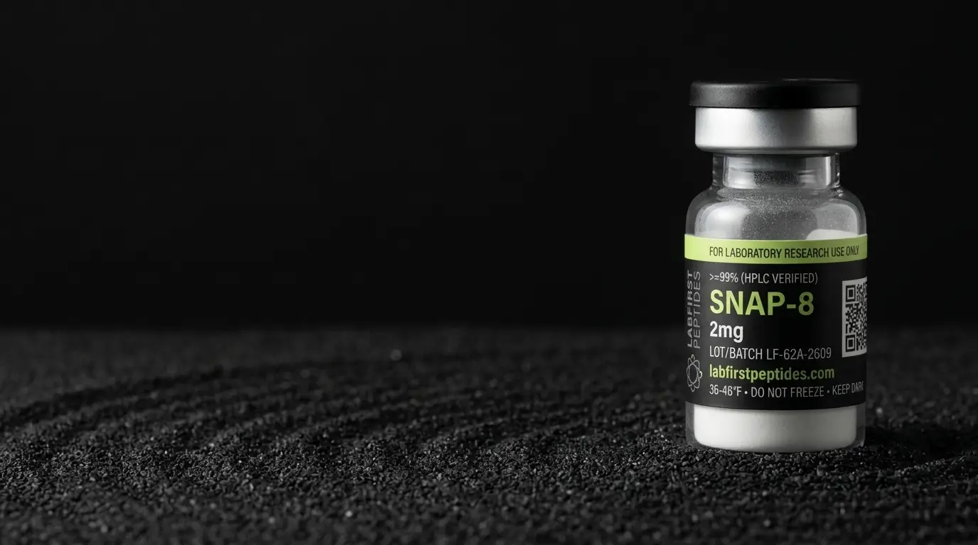 SNAP-8 research peptide vial with its LabFirst lot label