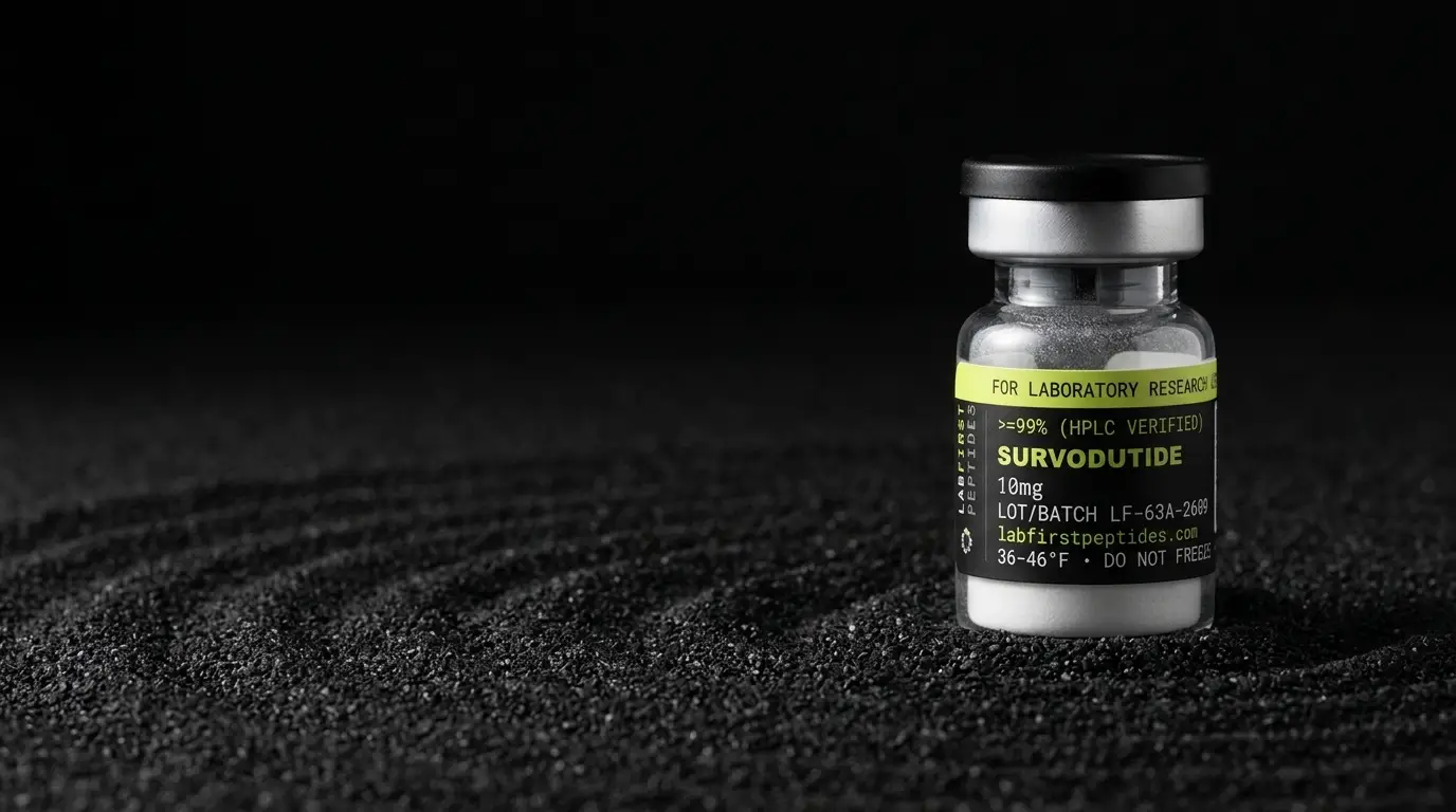 Survodutide research vial with its LabFirst lot label