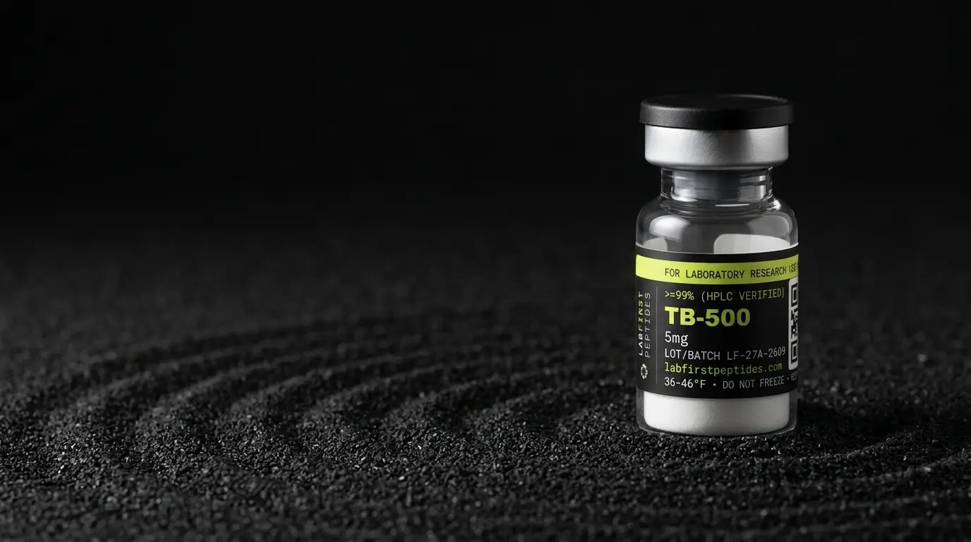 TB-500 research vial with its LabFirst lot label