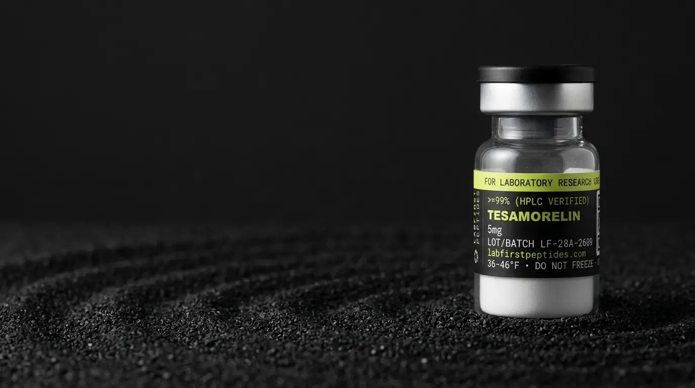 Tesamorelin research vial with its LabFirst lot label