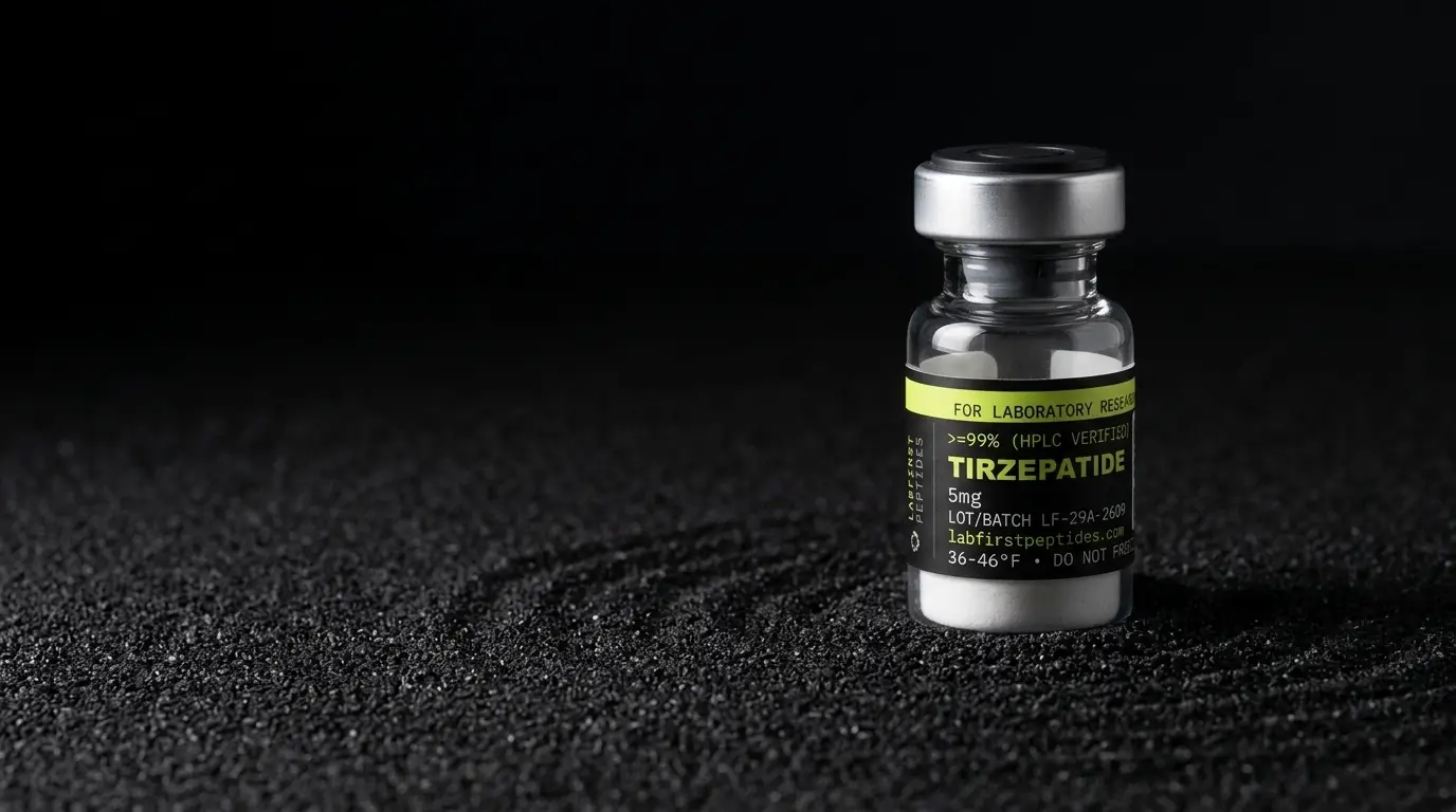 Tirzepatide research vial with its LabFirst lot label