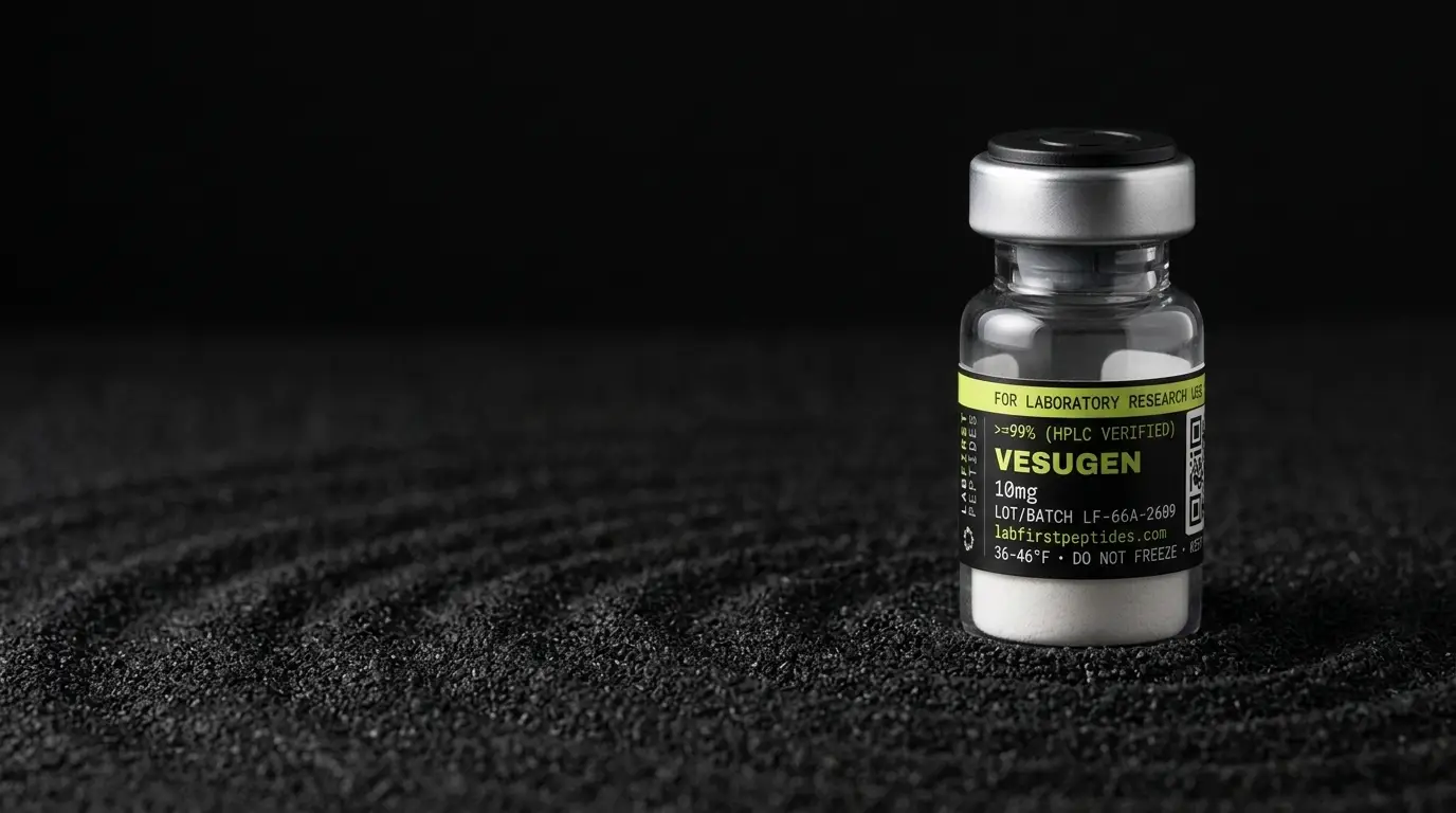 Vesugen research peptide vial with its LabFirst lot label