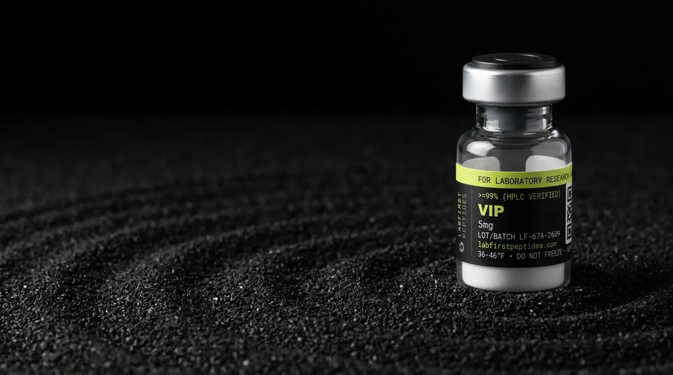 VIP research peptide vial with its LabFirst lot label