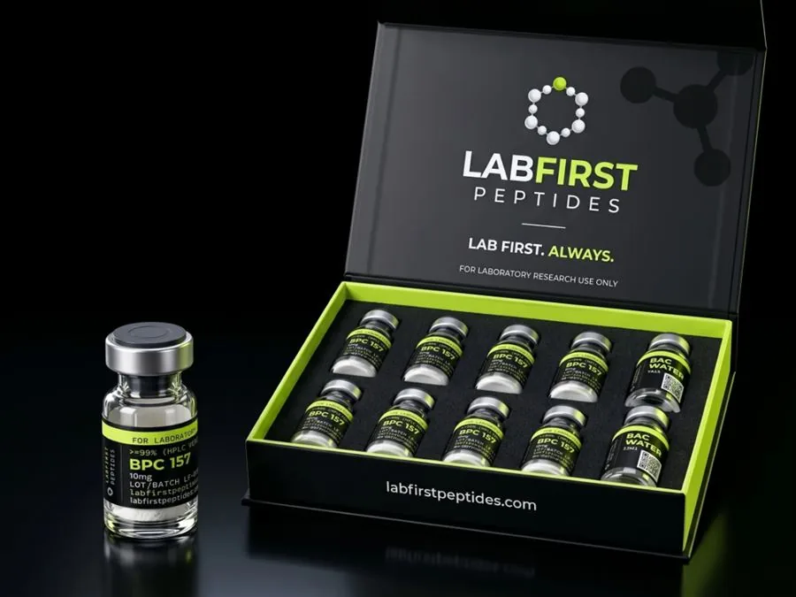 BPC 157 research vials in a LabFirst Peptides box
