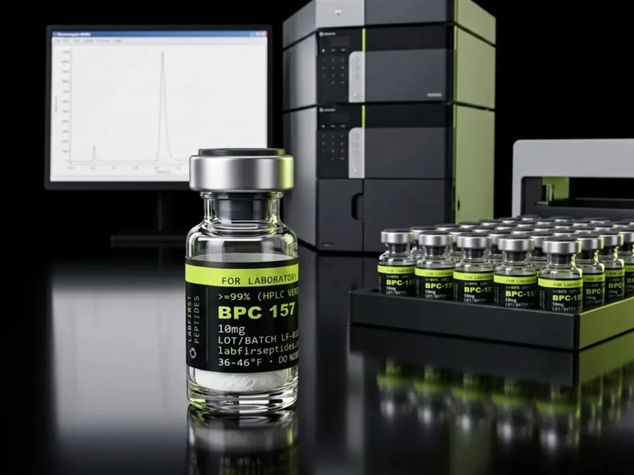 BPC 157 research vial in front of an HPLC system, a chromatogram on the screen