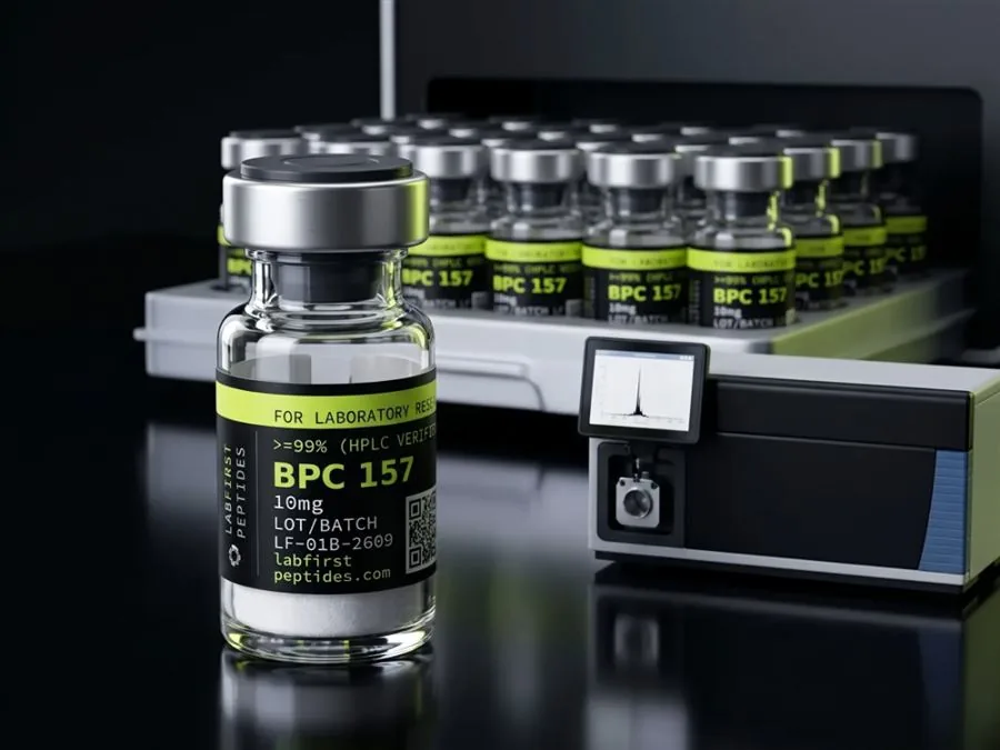 BPC 157 research vial beside a mass spectrometer and a tray of sealed vials
