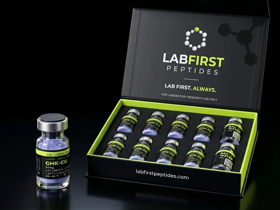 GHK-Cu research vials in a LabFirst Peptides box