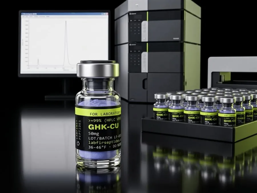 GHK-Cu research vial in front of an HPLC system, a chromatogram on the screen