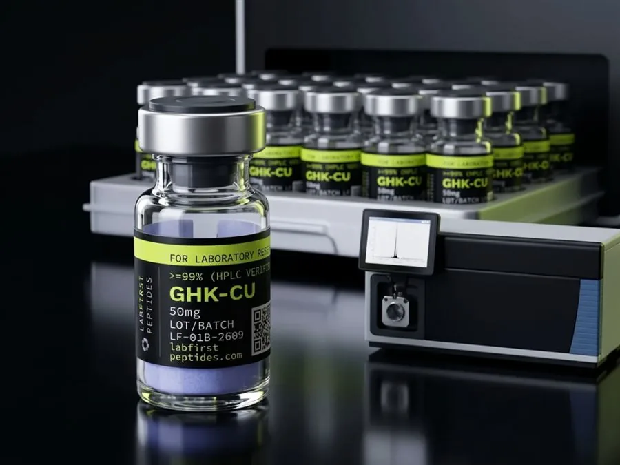 GHK-Cu research vial beside a mass spectrometer and a tray of sealed vials