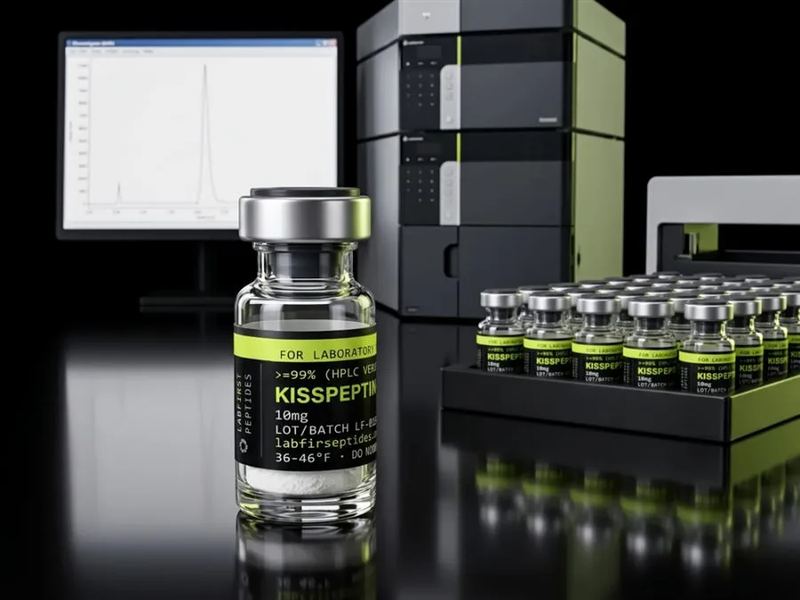 Kisspeptin-10 research vial in front of an HPLC system, a chromatogram on the screen