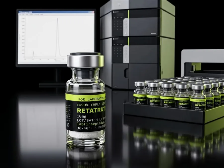Retatrutide research vial in front of an HPLC system, a chromatogram on the screen