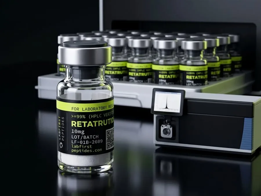 Retatrutide research vial beside a mass spectrometer and a tray of sealed vials