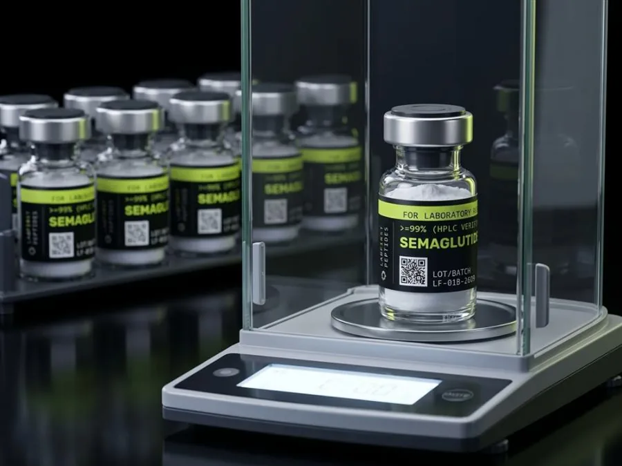 Semaglutide research vial on an analytical balance